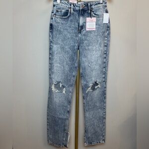 NWT Avec Les Filles Cool Girl Split Straight HighRise Jeans Acid Wash Distressed